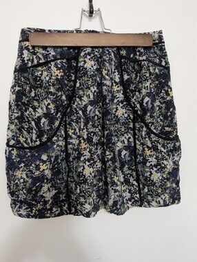 Lilu XS Floral Skirt 100% Silk High Waisted Flowy Watercolor Flowers Navy Blue